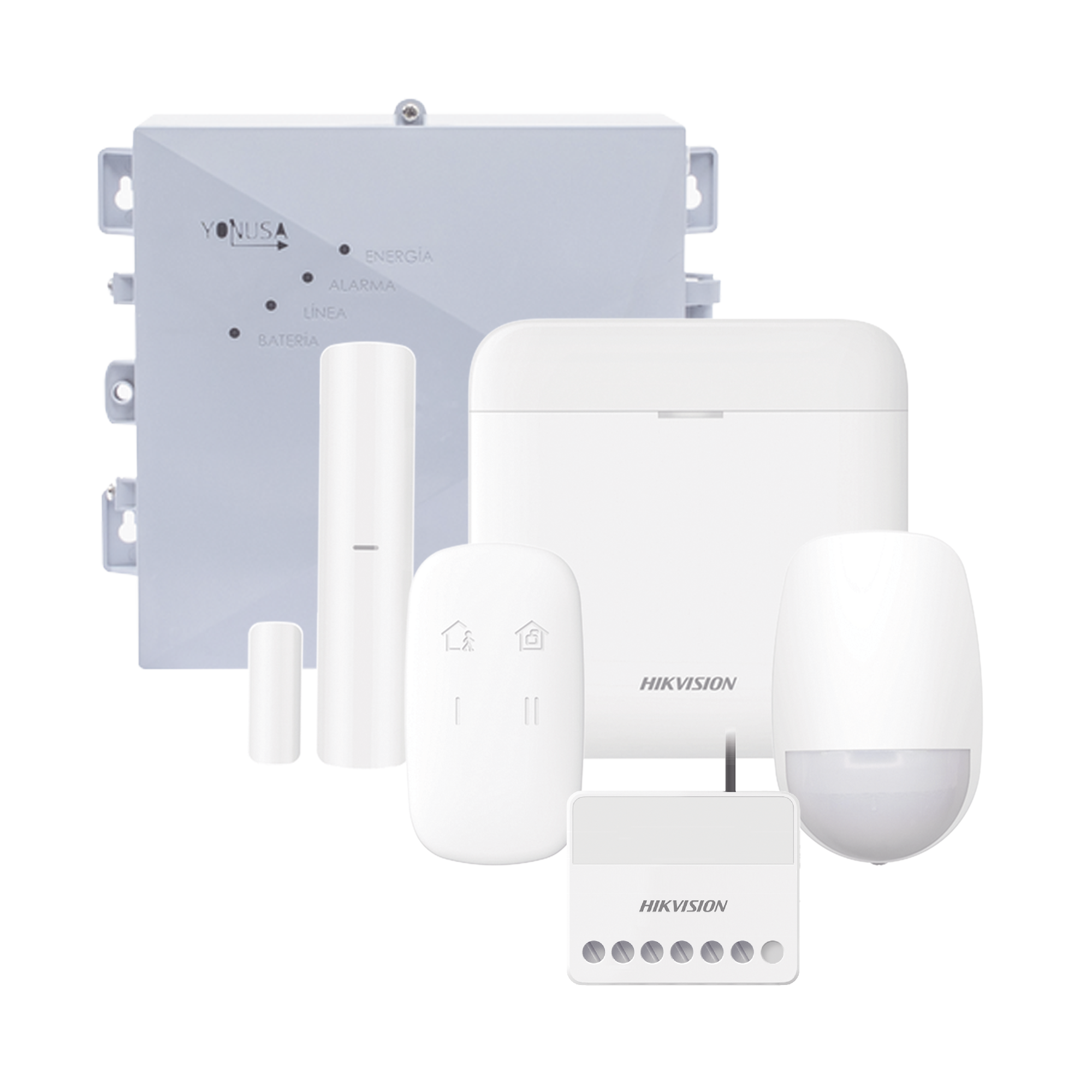 (AX PRO + YONUSA) KIT de Alarma AX PRO / Incluye: 1 Hub con bateria de respaldo / 1 Energizador 2500Mts Lineales / 1 Relevador 0 a 36 Vcc (Max. 5 A) con Entrada de Alarma 27/7 / 1 Keyfob / 1 PIR Interior / 1 MagnÃ©tico