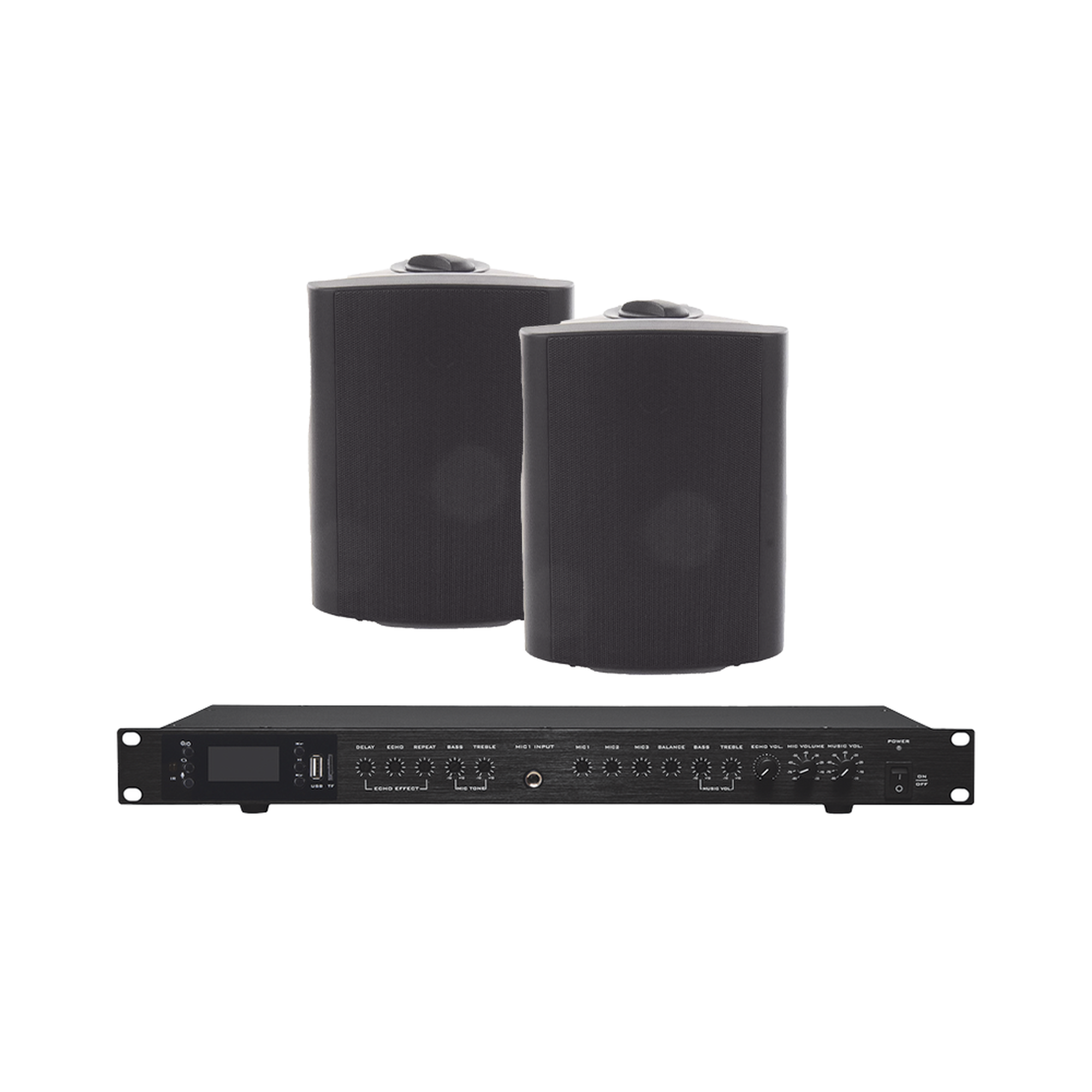 Amplificador de Audio con 2 Bocinas OL-5BK | 2 x 60W | Baja Impedancia 4 - 8Î© | Reproductor Bluetooth, USB, SD | Efectos Integrados Delay, Echo, Repeat
