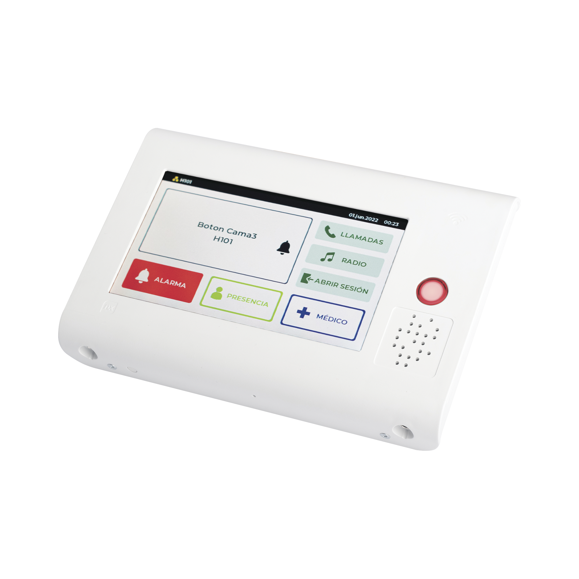Terminal de HabitaciÃ³n IP para Hospitales / Lector RFID 125 KHz / Audio Bidireccional / SIP / PoE / Pantalla TÃ¡ctil 7" / Compatible con NX1071 y NX1075