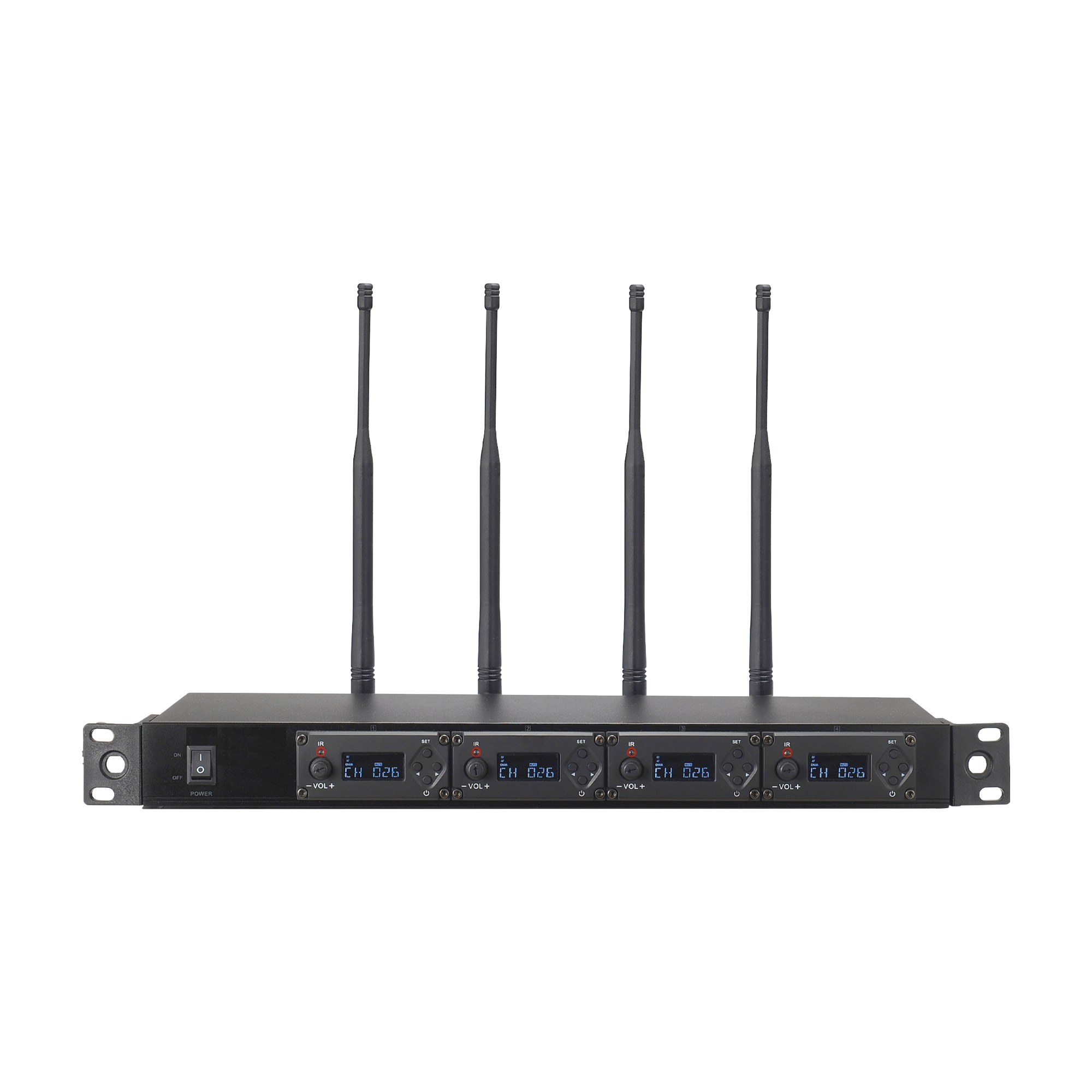 Receptor UHF para 4 micrÃ³fonos inalÃ¡mbricos / Pantalla LCD de cristal liquido