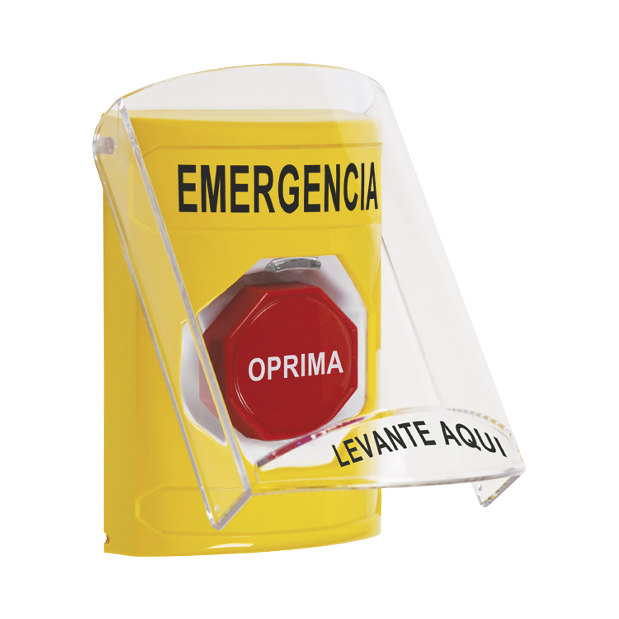 ?BotÃ³n MultipropÃ³sito, Color Amarillo, De Superficie, Con Tapa De Policarbonato, Con Bocina Pre Alarma, Solo Interior, Llave Para Restablecer, Texto De Emergencia, EspaÃ±ol