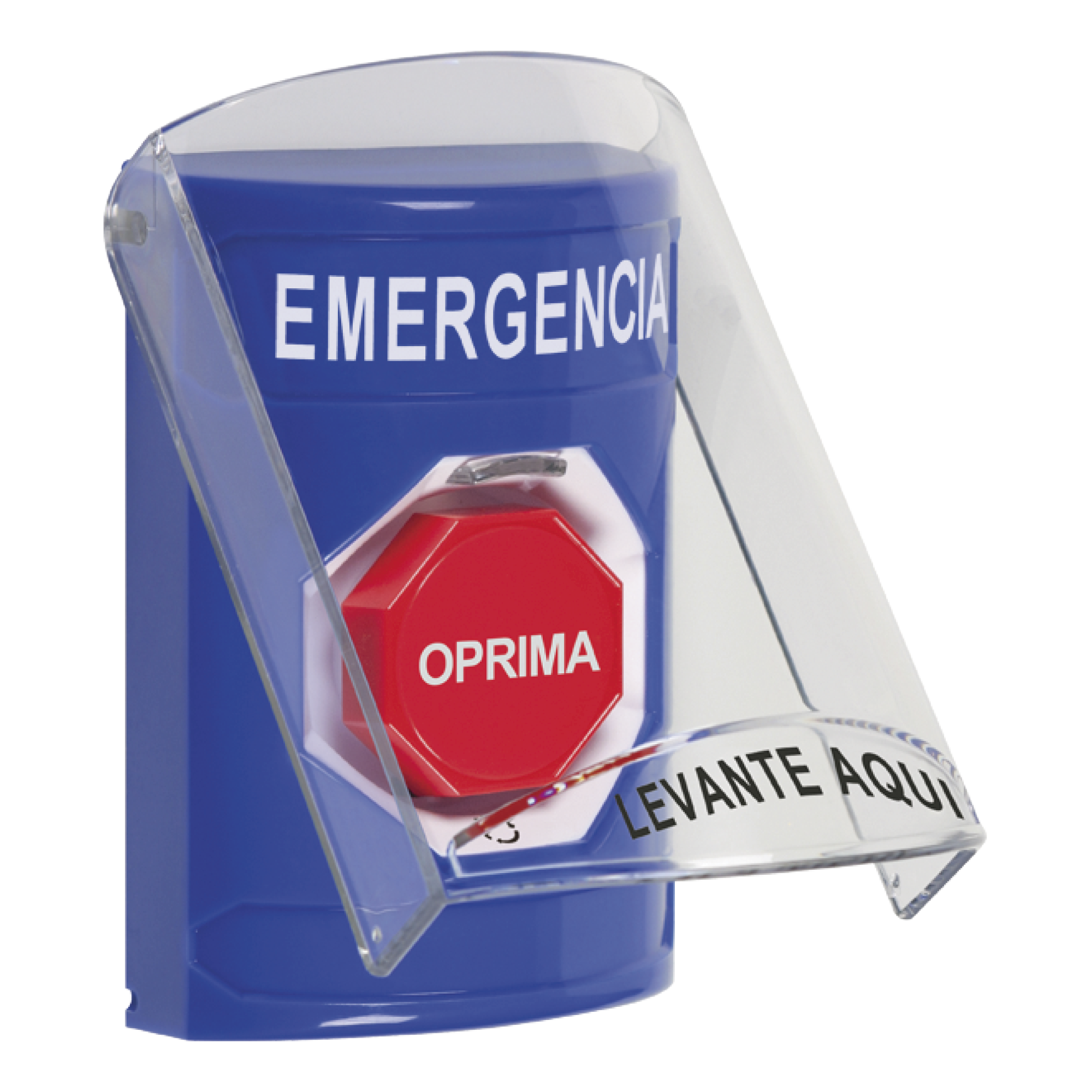 BotÃ³n MultipropÃ³sito, Color Azul, De Superficie, Con Tapa De Policarbonato, Sin Bocina Prealarma, Para Interior, Girar Para Restablecer, Texto De Emergencia, EspaÃ±ol