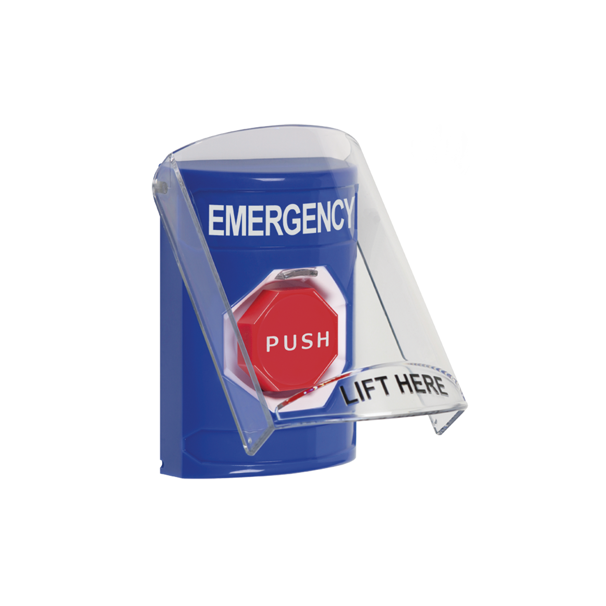 BotÃ³n MultipropÃ³sito, Color Azul, De Superficie, Con Tapa De Policarbonato, Con Bocina Pre Alarma, Para Interior, Llave Para Restablecer, Texto De Emergencia, Ingles