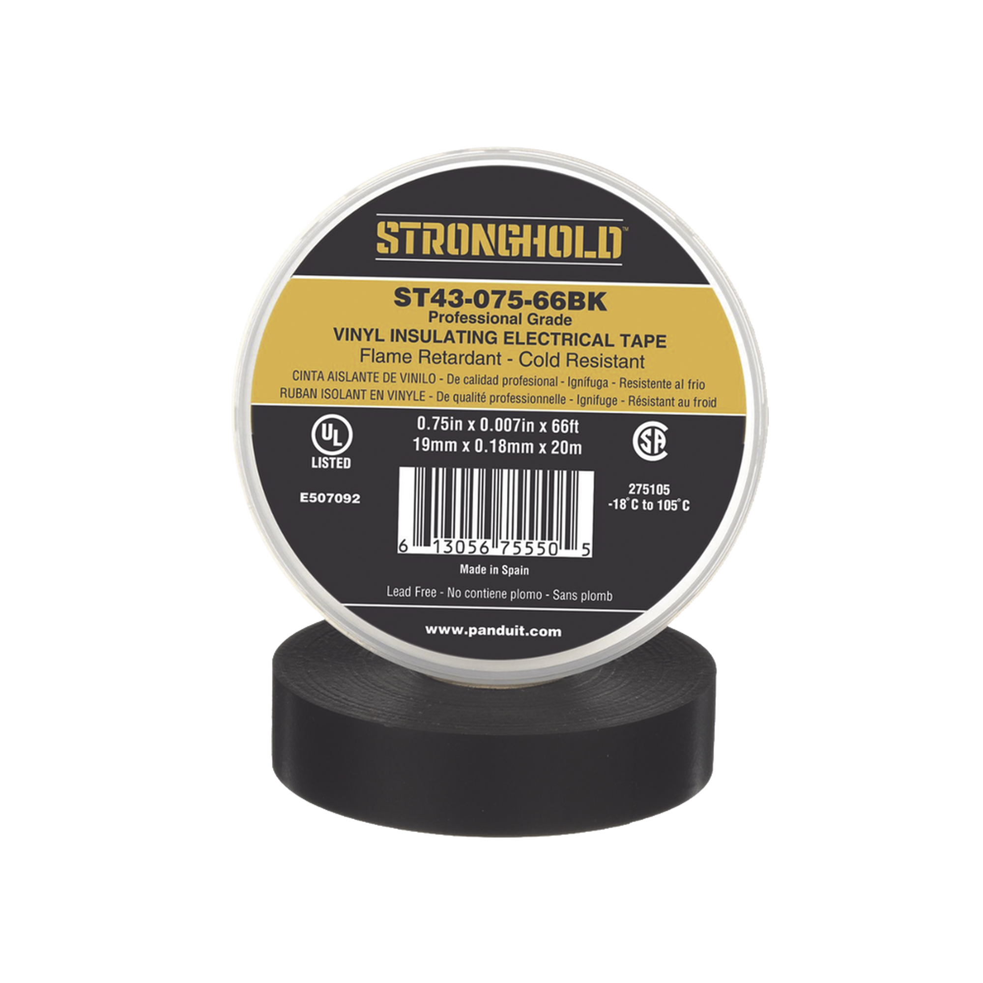 Cinta ElÃ©ctrica STRONGHOLD para Aislar, de PVC, Uso Profesional en ConstrucciÃ³n ElÃ©ctrica, Grosor 0.18mm (7 mil), Ancho 19mm, y 20m Largo, Color Negro.