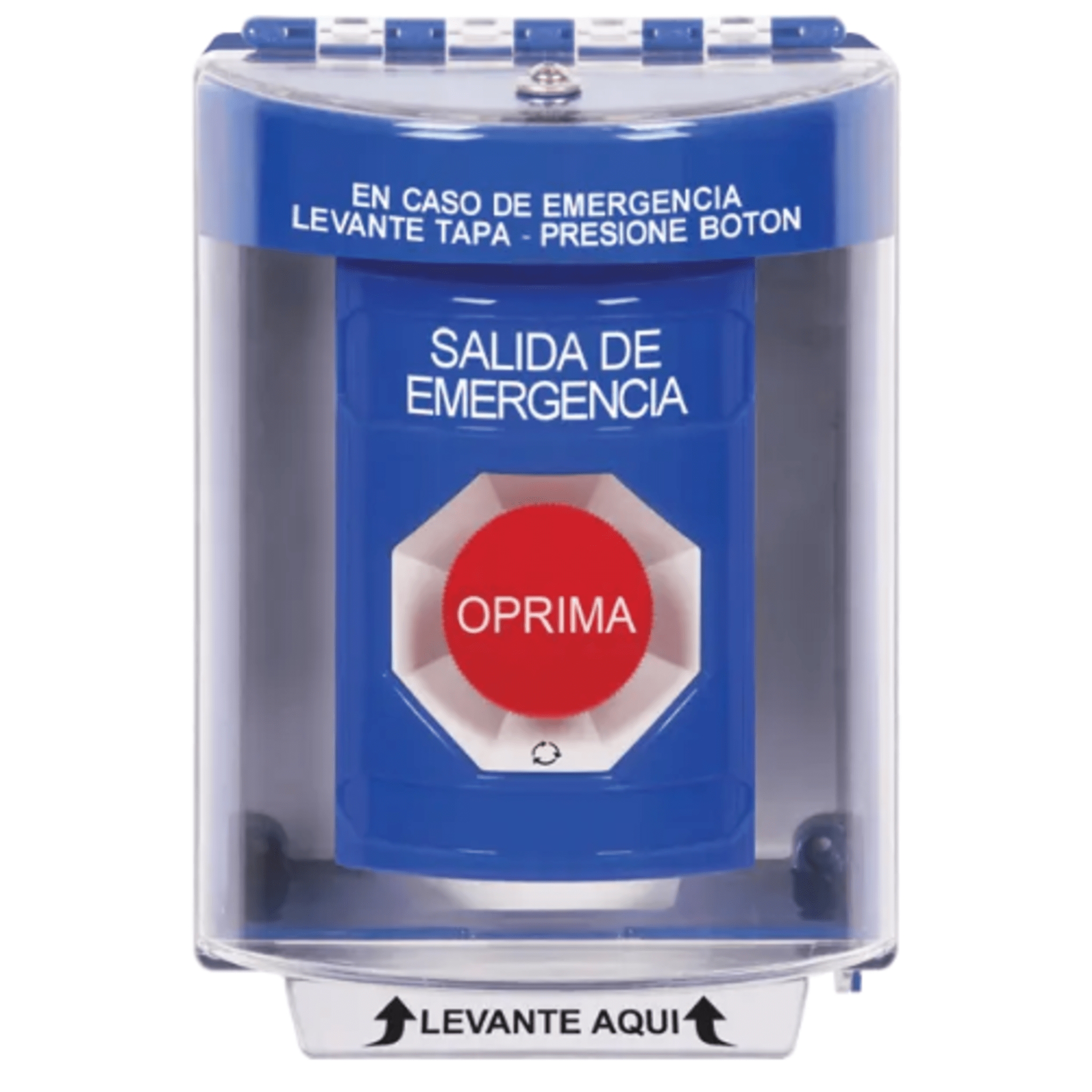 BotÃ³n MultipropÃ³sito, Color Azul, De Superficie, Con Tapa De Policarbonato, Sin Bocina, Para Interior/Exterior, Llave Para Restablecer, Texto Salida De Emergencia, EspaÃ±ol