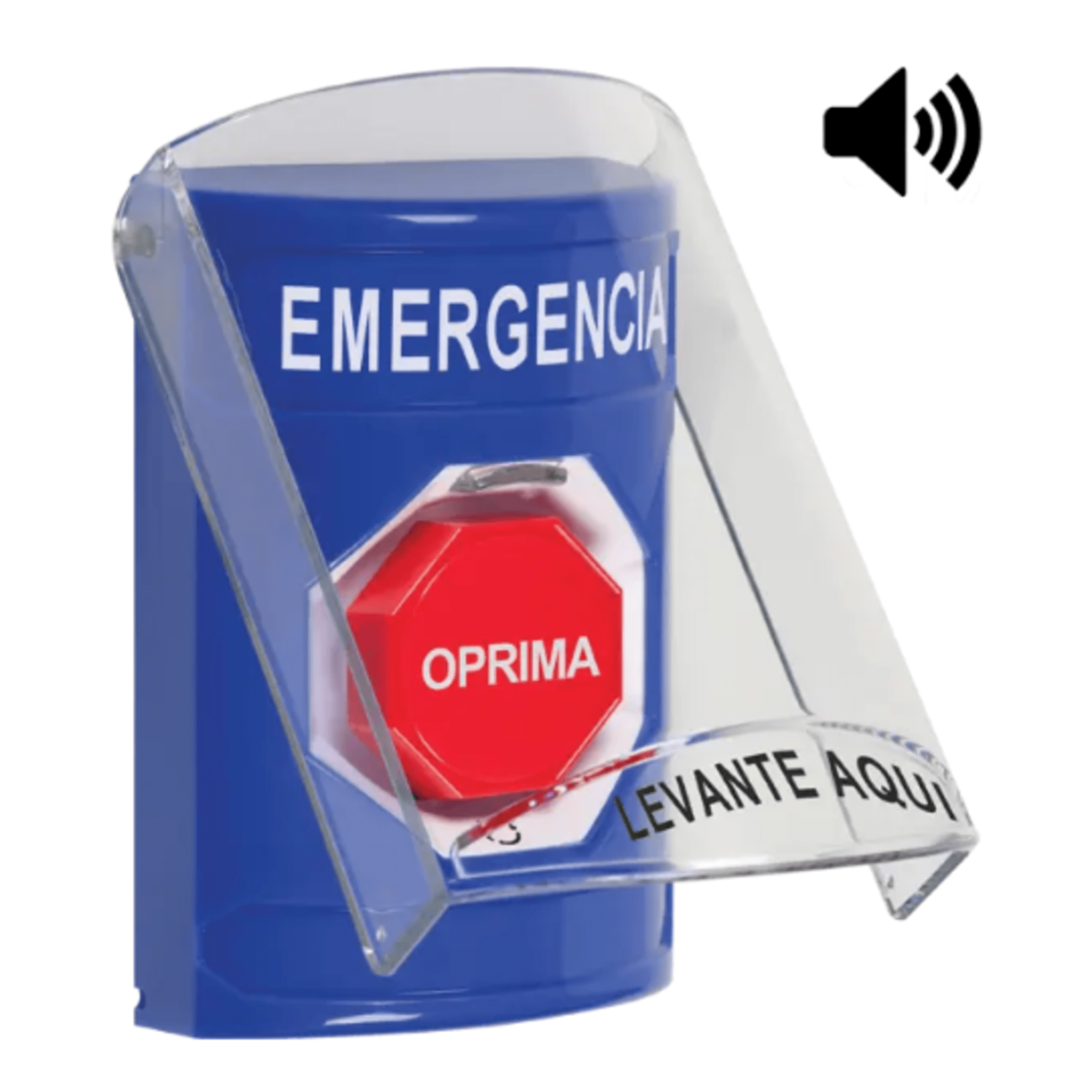 BotÃ³n MultipropÃ³sito, Color Azul, De Superficie, Con Tapa De Policarbonato, Con Bocina, Para Interior, Girar Para Restablecer, Texto De Emergencia, EspaÃ±ol