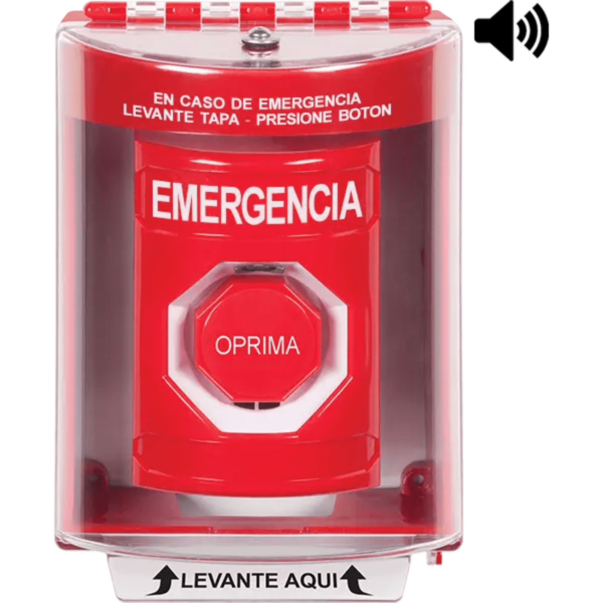 ?BotÃ³n MultipropÃ³sito, Color Rojo, De Superficie con Espaciador, C/Tapa De Policarbonato, C/Bocina Pre Alarma, Interior/Exterior, Llave Para Restablecer, Texto De Emergencia, EspaÃ±ol
